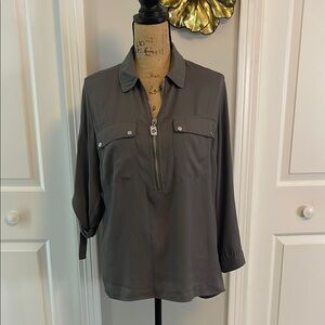 KORS Michael Kors Gray Blouse with Polo Collar and Boxy Style